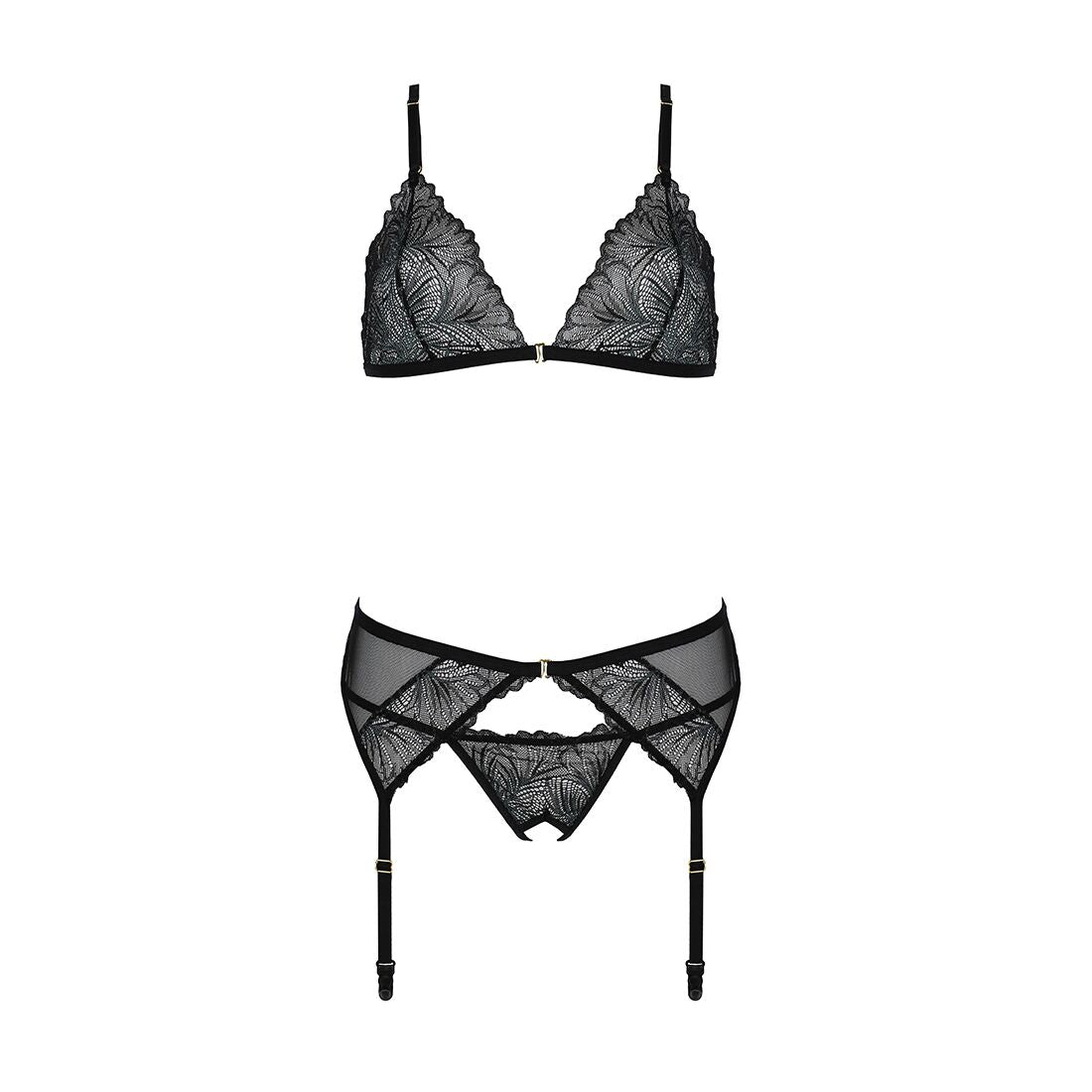 Passion (Польща) Комплект з відкритим доступом Passion DELIENA SET XXL/XXXL black, ліф, стрінги, пояс для панчіх