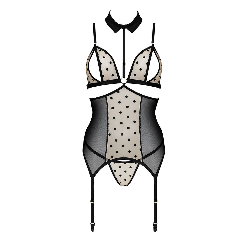 Passion (Польща) Корсет з відкритими грудьми Passion DOMINICA CORSET L/XL beige, пажі для панчіх, стрінги