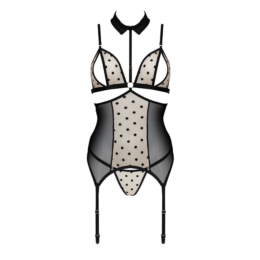 Passion (Польща) Корсет з відкритими грудьми Passion DOMINICA CORSET XXL/XXXL beige, пажі для панчіх, стрінги