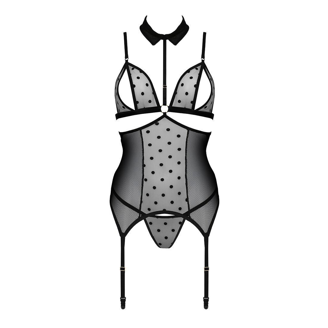 Passion (Польща) Корсет з відкритими грудьми Passion DOMINICA CORSET S/M black, пажі для панчіх, стрінги