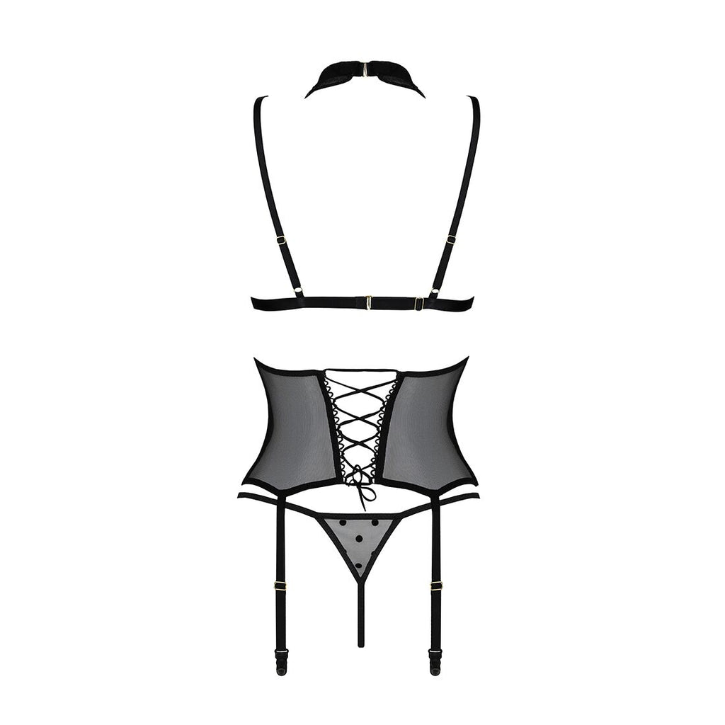 Passion (Польща) Корсет з відкритими грудьми Passion DOMINICA CORSET XXL/XXXL black, пажі для панчіх, стрінги