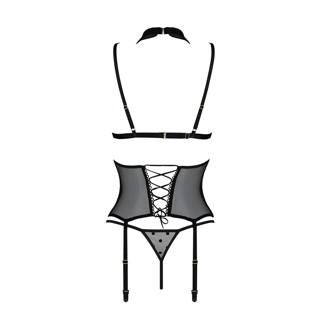 Passion (Польща) Корсет з відкритими грудьми Passion DOMINICA CORSET XXL/XXXL black, пажі для панчіх, стрінги