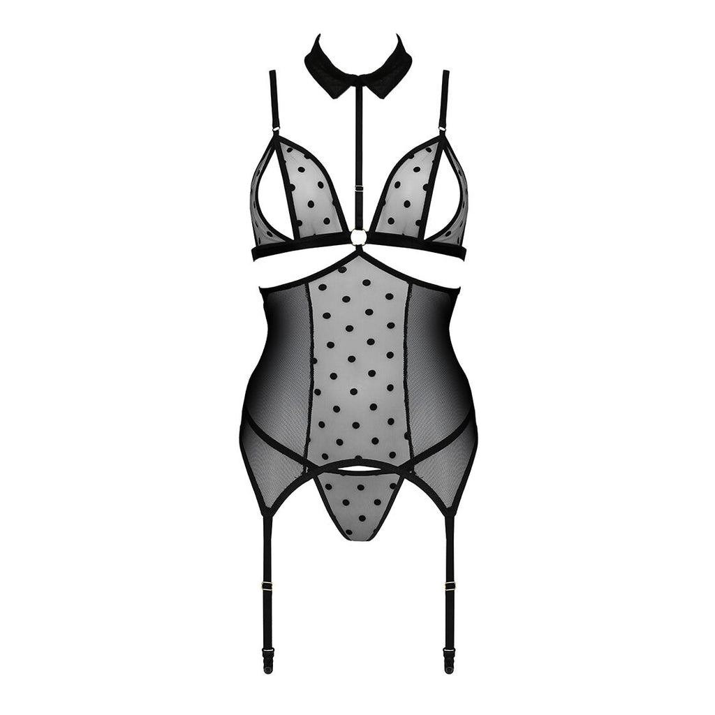 Passion (Польща) Корсет з відкритими грудьми Passion DOMINICA CORSET XXL/XXXL black, пажі для панчіх, стрінги