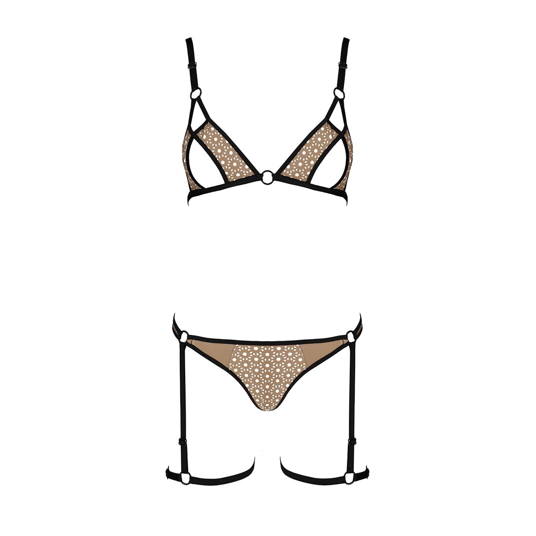 Passion (Польща) Еротичний комплект спідньої білизни Passion GABI SET L/XL beige, трусики з гартерами