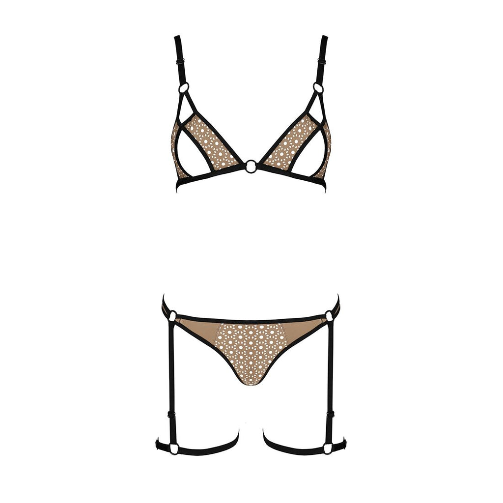 Passion (Польща) Еротичний комплект спідньої білизни Passion GABI SET XXL/XXXL beige, трусики з гартерами