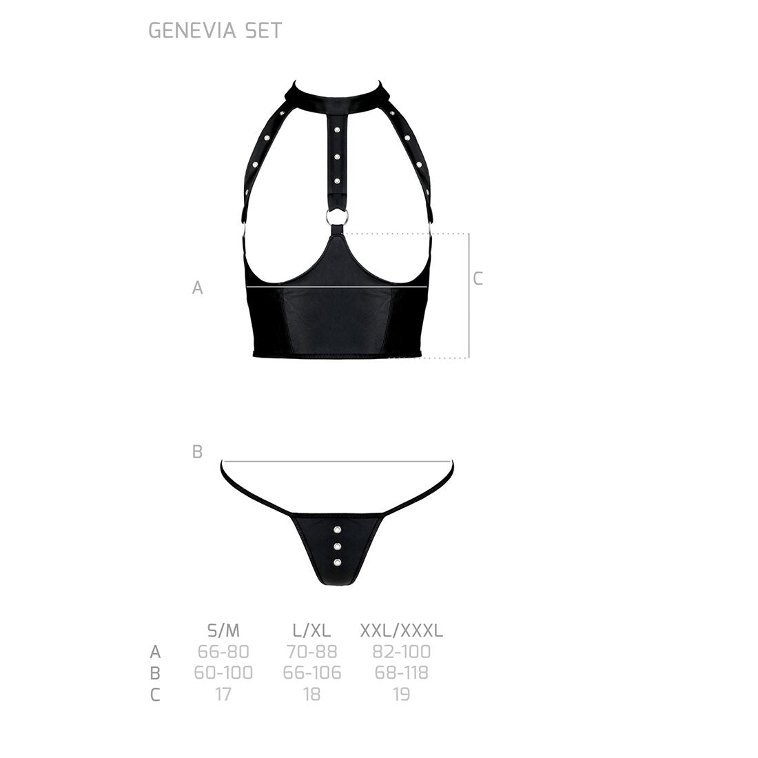 Passion (Польща) Комплект білизни з відкритими грудьми Passion GENEVIA SET WITH OPEN BRA L/XL black, корсет, стрінги