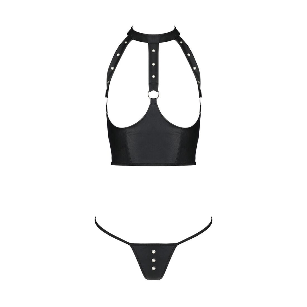 Passion (Польща) Комплект білизни з відкритими грудьми Passion GENEVIA SET WITH OPEN BRA L/XL black, корсет, стрінги