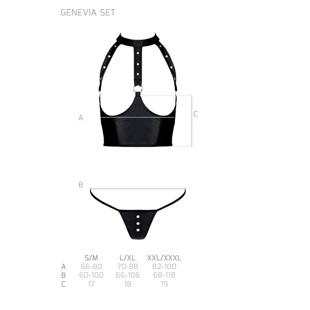 Passion (Польща) Комплект білизни з відкритими грудьми Passion GENEVIA SET WITH OPEN BRA XXL/XXXL black, корсет, стрі
