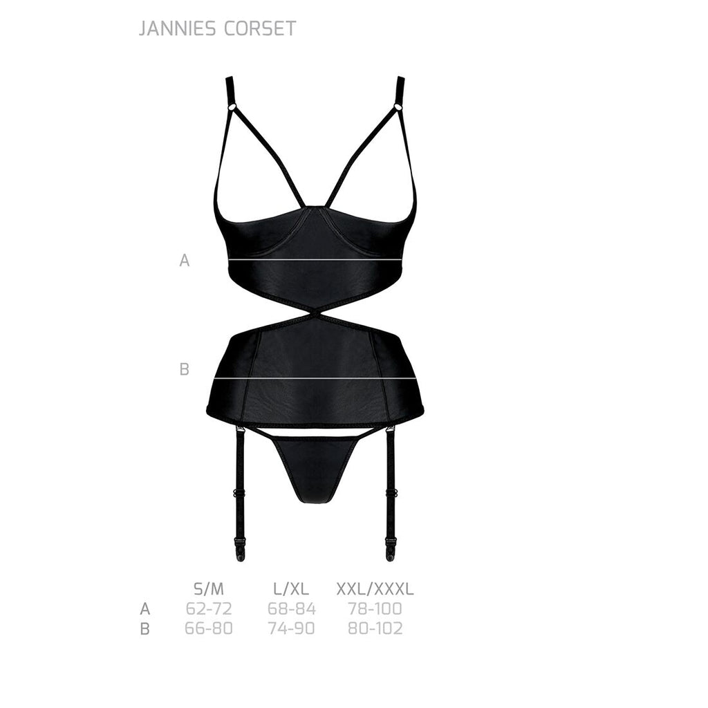 Passion (Польща) Корсет з відкритими грудьми Passion JANNIES CORSET L/XL black, стрінги в наборі
