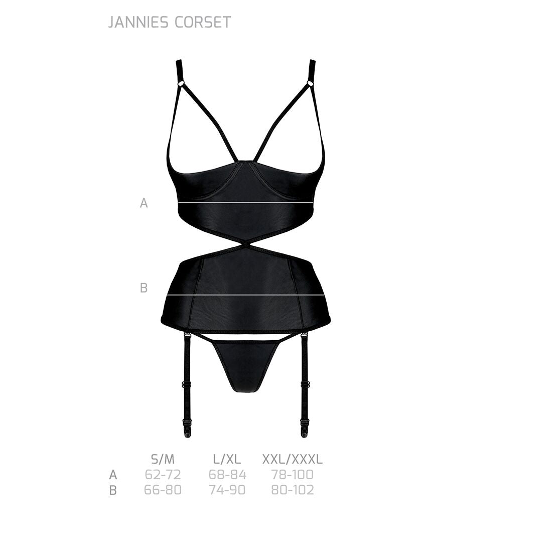 Passion (Польща) Корсет з відкритими грудьми Passion JANNIES CORSET S/M black, стрінги в наборі