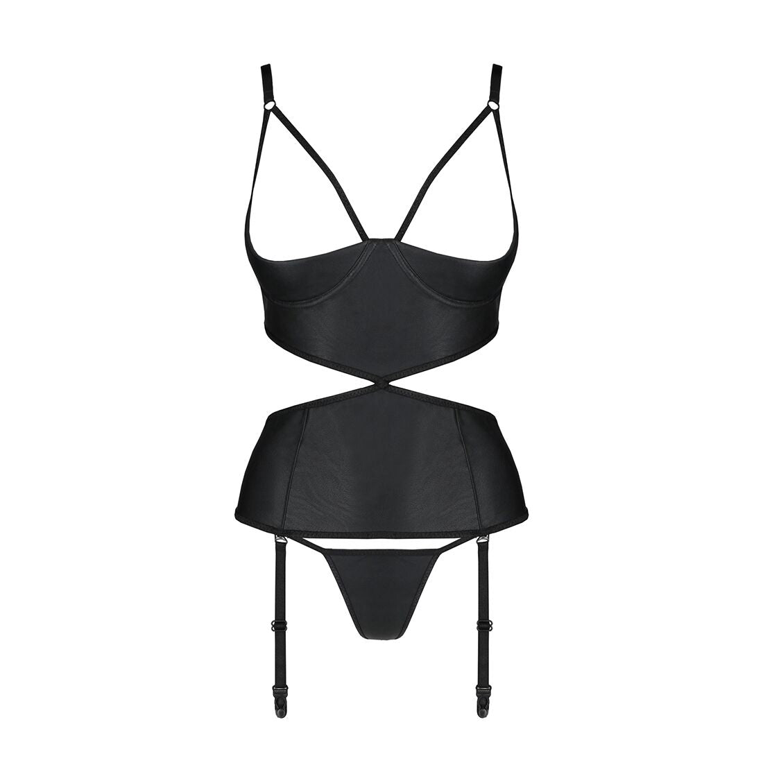 Passion (Польща) Корсет з відкритими грудьми Passion JANNIES CORSET S/M black, стрінги в наборі