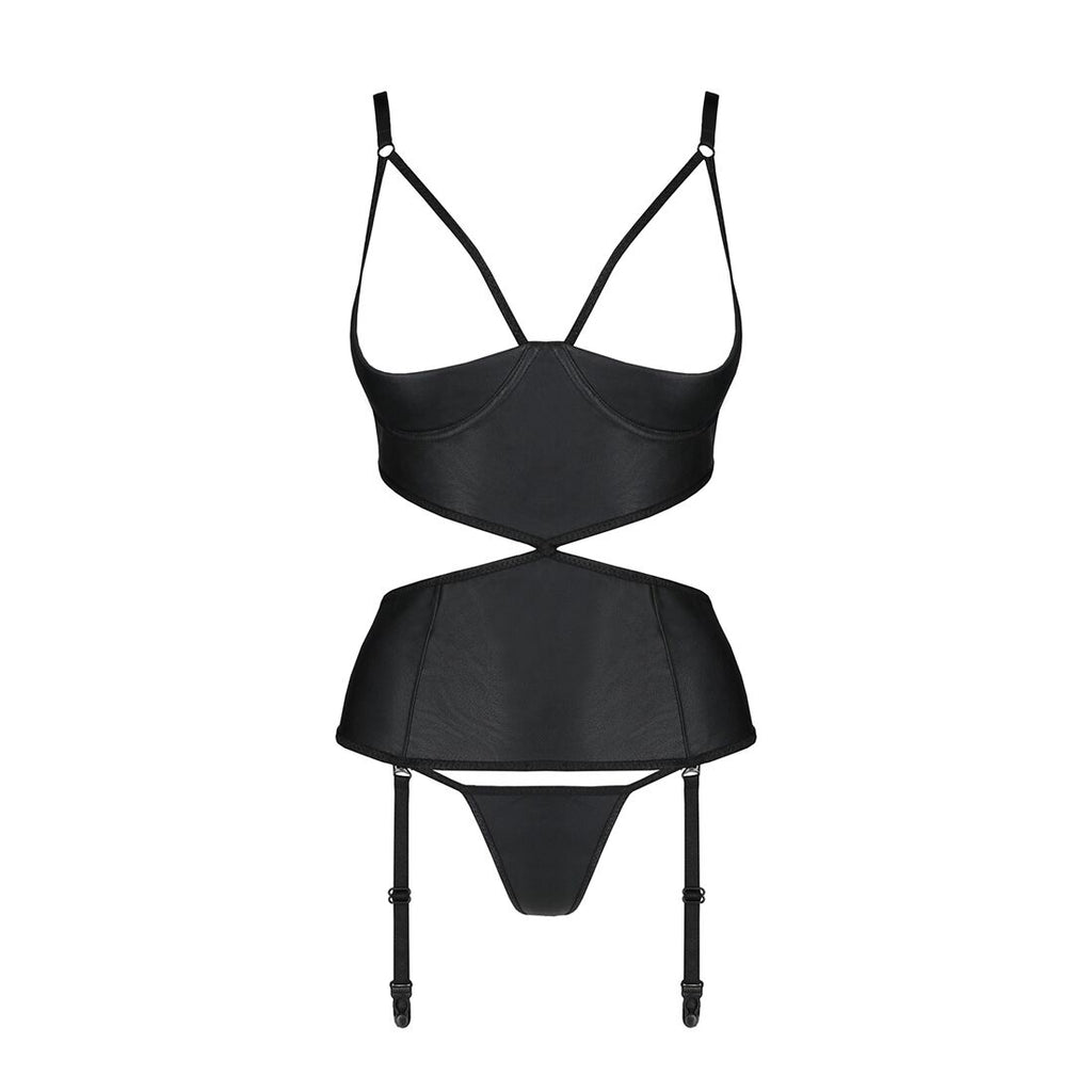 Passion (Польща) Корсет з відкритими грудьми Passion JANNIES CORSET XXL/XXXL black, стрінги в наборі