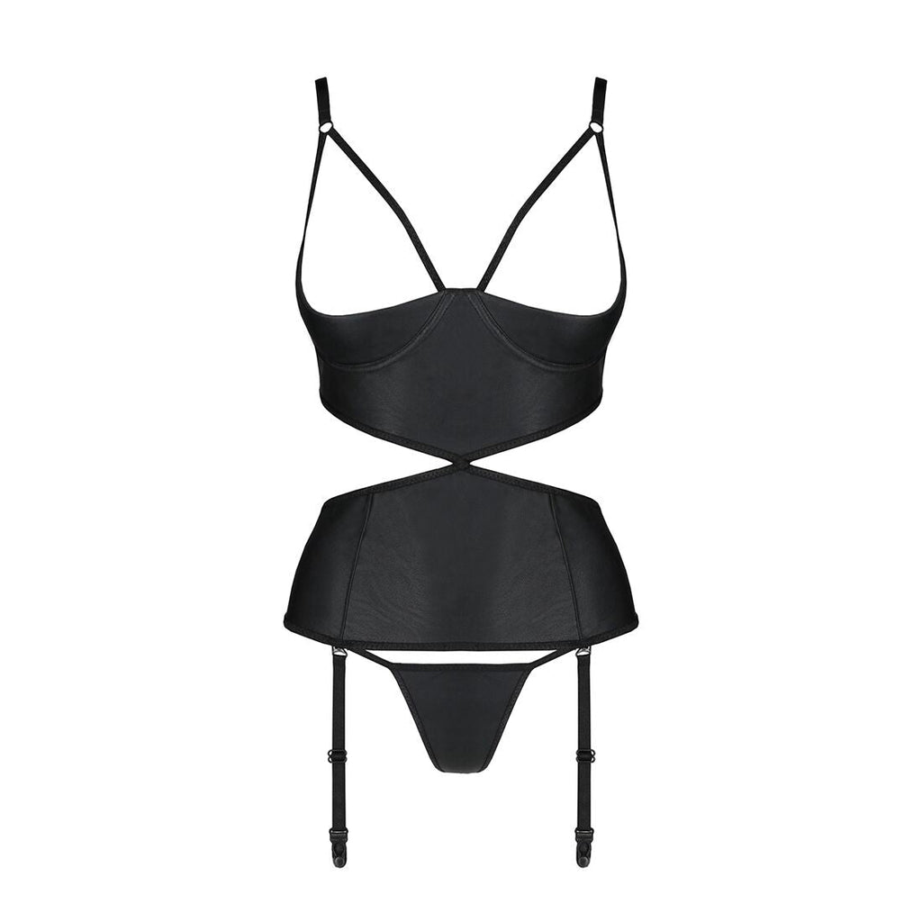 Корсет з відкритими грудьми Passion JANNIES CORSET XXL/XXXL black, стрінги в наб
