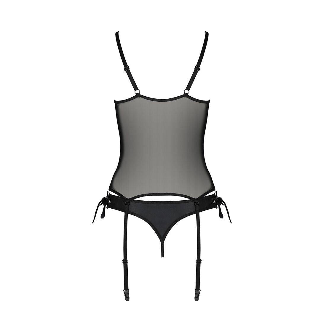 Passion (Польща) Корсет зі шнурівкою Passion NESSY CORSET L/XL black, стрінги з відкритим доступом, пажі для панчіх