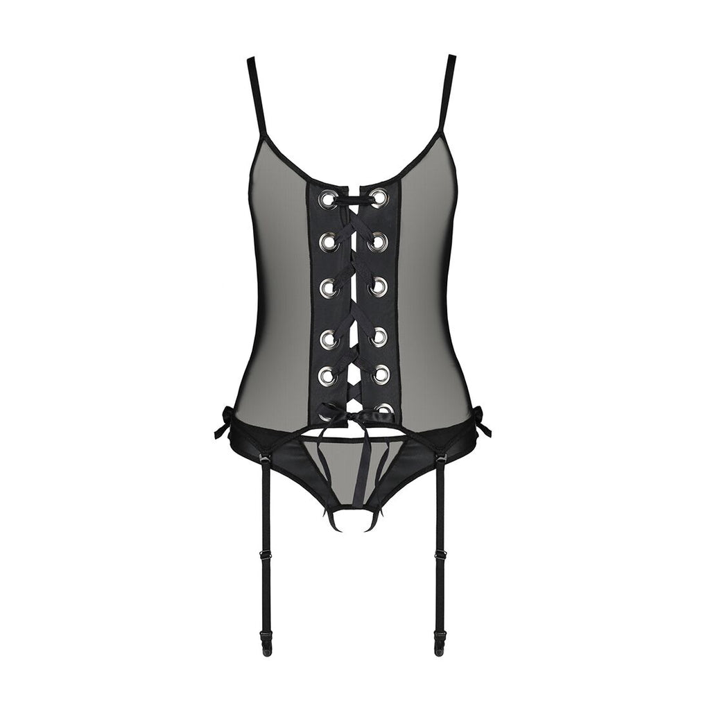 Passion (Польща) Корсет зі шнурівкою Passion NESSY CORSET L/XL black, стрінги з відкритим доступом, пажі для панчіх