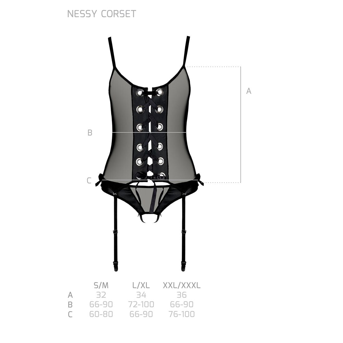 Passion (Польща) Корсет зі шнурівкою Passion NESSY CORSET XXL/XXXL black, стрінги з відкритим доступом, пажі для панч