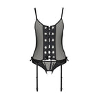 Корсет зі шнурівкою Passion NESSY CORSET XXL/XXXL black, стрінги з відкритим доступом, пажі для панч