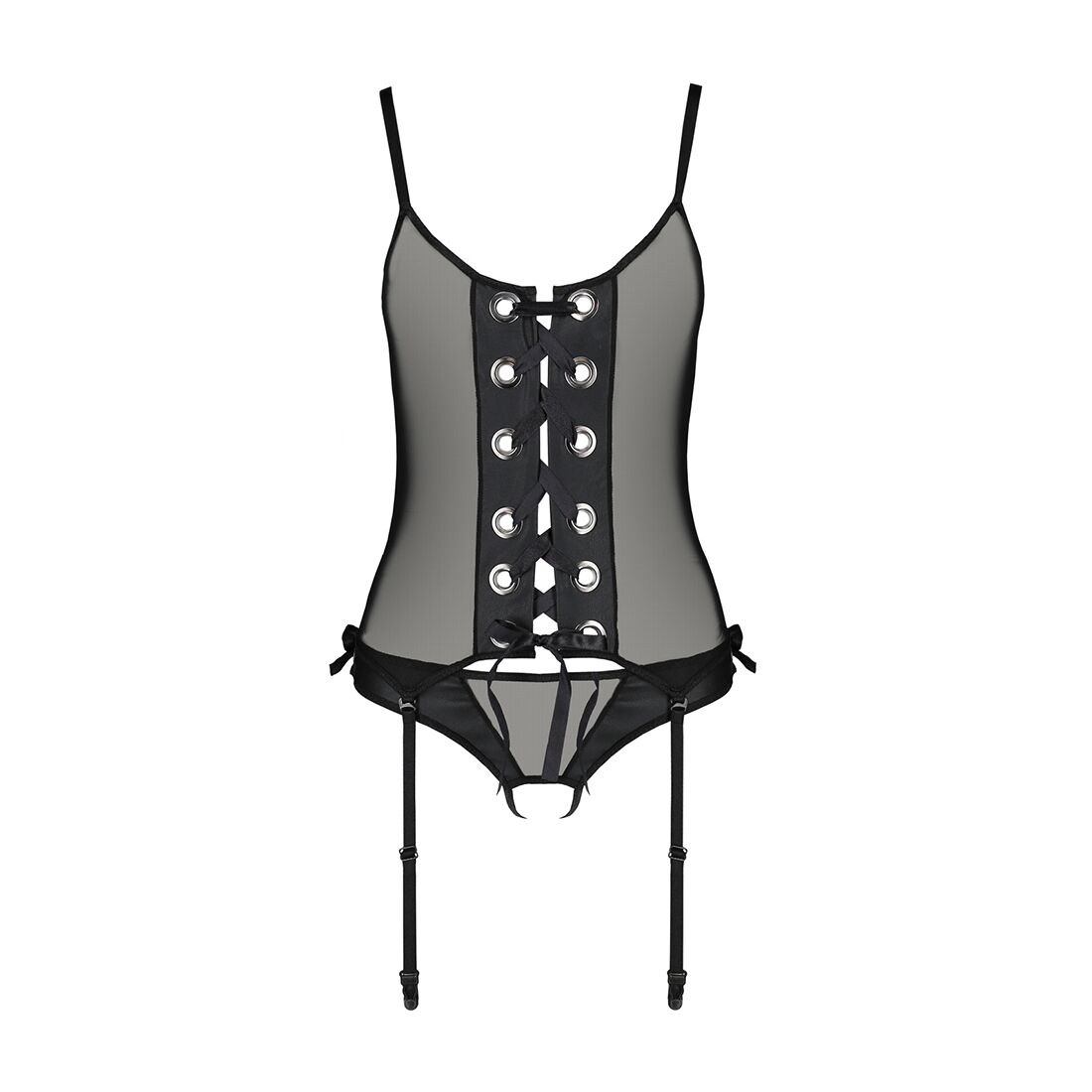 Passion (Польща) Корсет зі шнурівкою Passion NESSY CORSET XXL/XXXL black, стрінги з відкритим доступом, пажі для панч