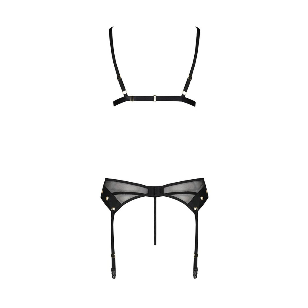 Passion (Польща) Комплект білизни Passion NESSY SET L/XL black, бюстгальтер, пояс для панчіх, стрінги