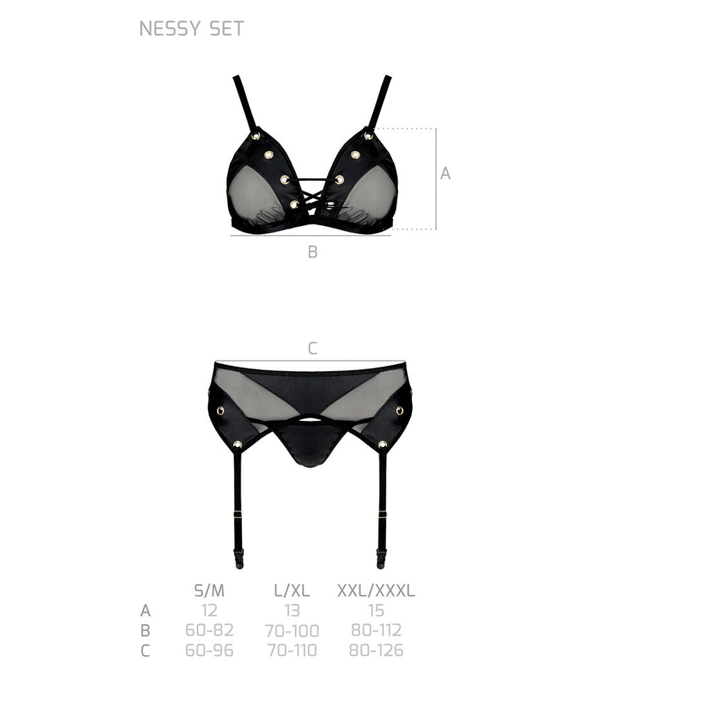 Passion (Польща) Комплект білизни Passion NESSY SET L/XL black, бюстгальтер, пояс для панчіх, стрінги