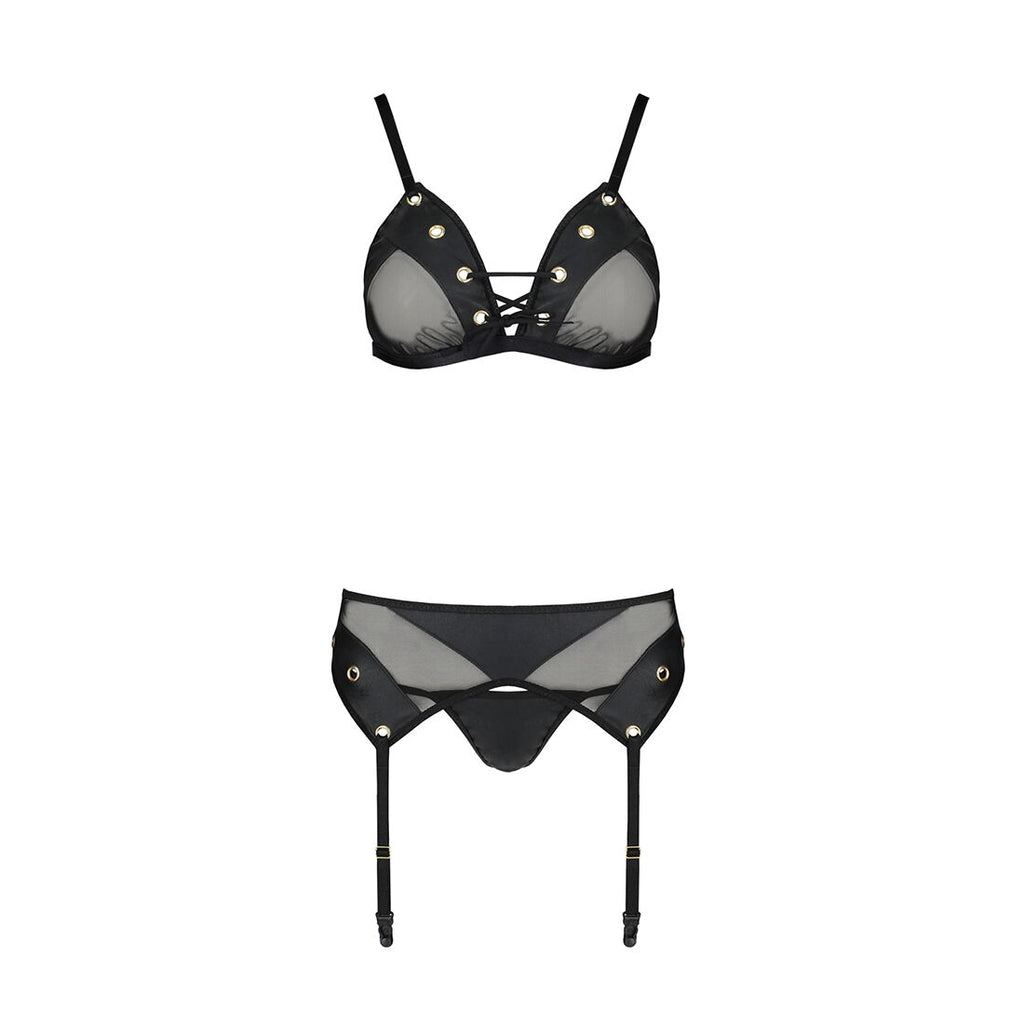 Passion (Польща) Комплект білизни Passion NESSY SET XXL/XXXL black, бюстгальтер, пояс для панчіх, стрінги
