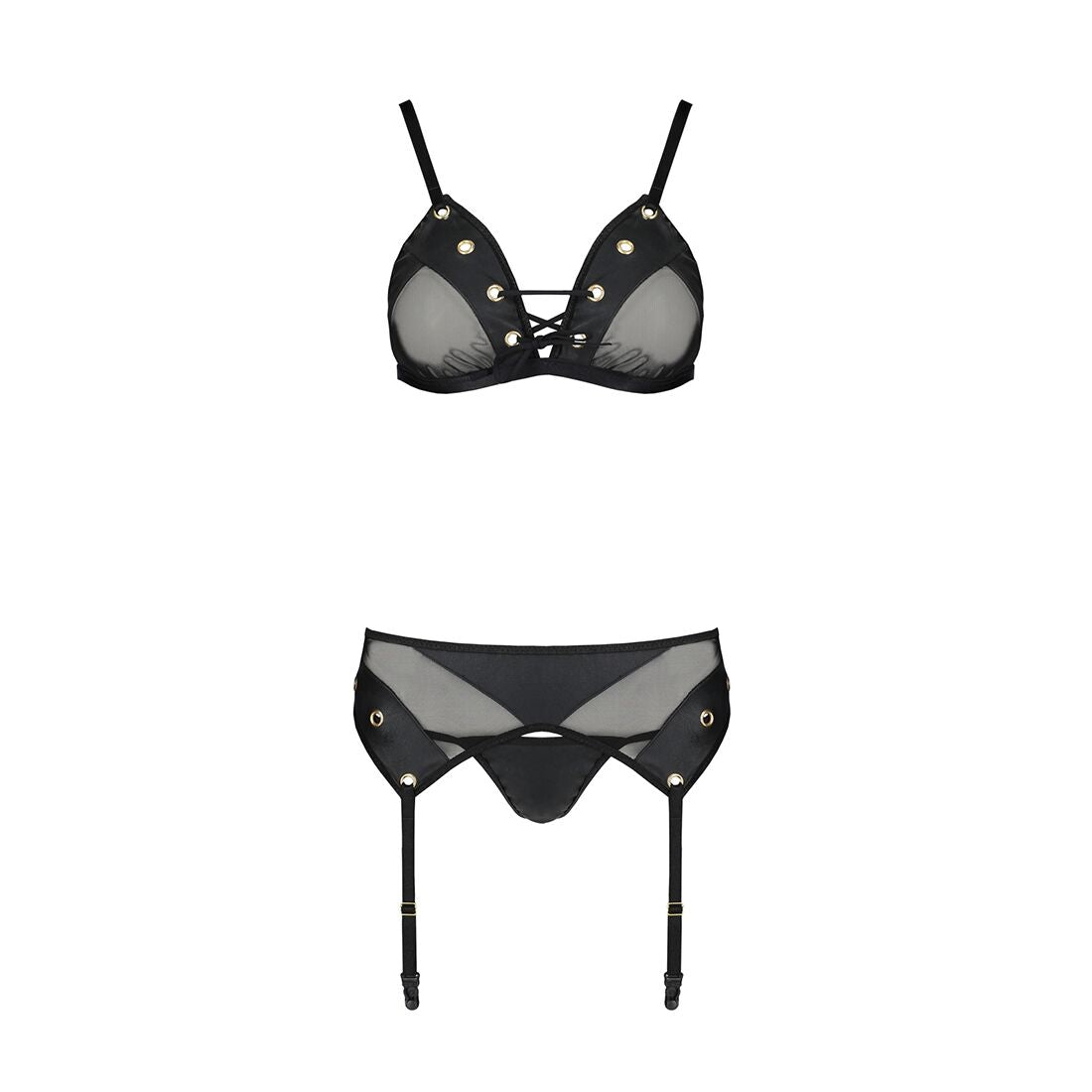 Passion (Польща) Комплект білизни Passion NESSY SET XXL/XXXL black, бюстгальтер, пояс для панчіх, стрінги