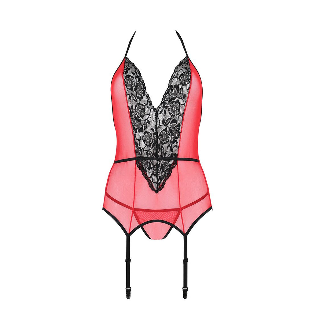 Passion (Польща) Корсет з пажами для панчіх Passion PEONIA CORSET XXL/XXXL red стрінги