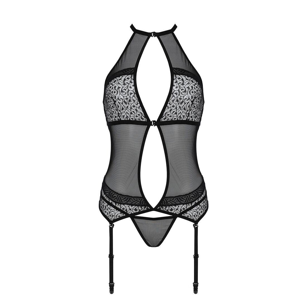 Корсет з пажами Passion SATARA CORSET L/XL black, стрінги, мереживо, застібки сп