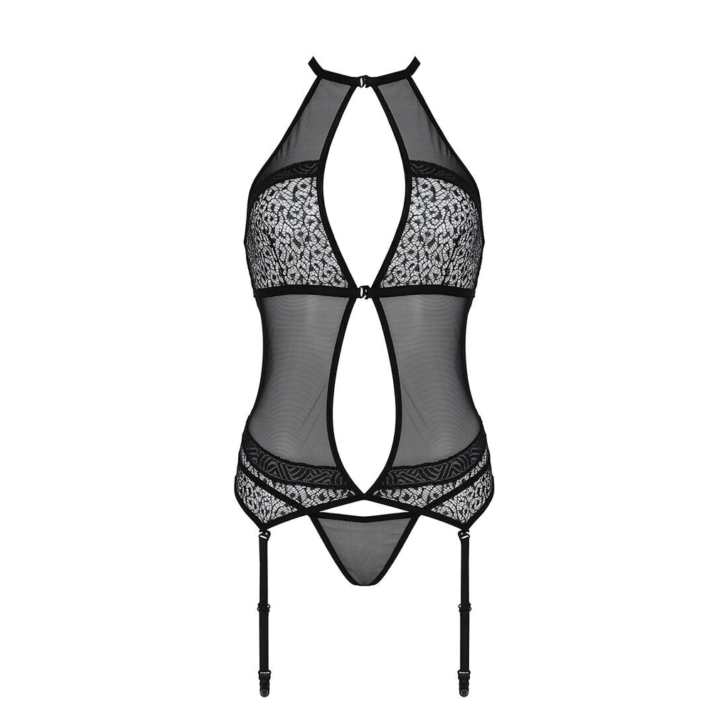 Passion (Польща) Корсет з пажами Passion SATARA CORSET XXL/XXXL black, стрінги, мереживо, застібки спереду та ззаду