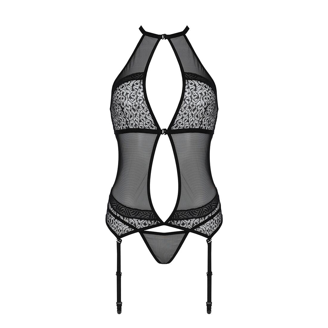 Passion (Польща) Корсет з пажами Passion SATARA CORSET XXL/XXXL black, стрінги, мереживо, застібки спереду та ззаду