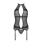 Корсет з пажами Passion SATARA CORSET XXL/XXXL black, стрінги, мереживо, застібк