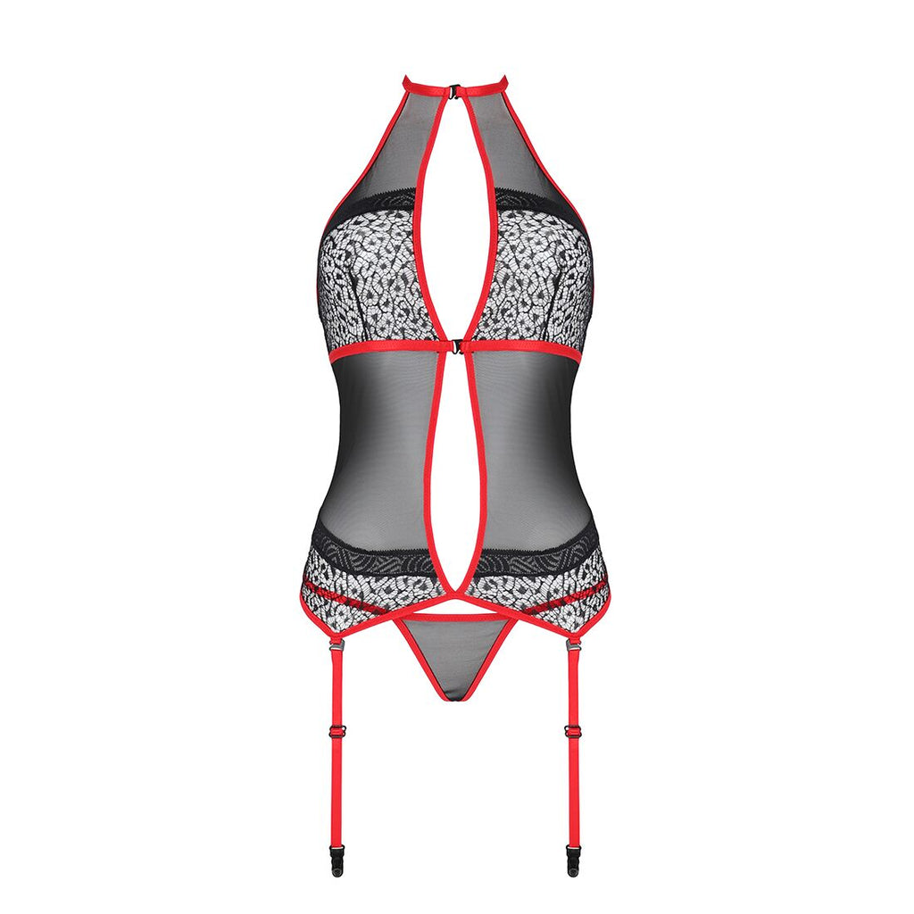 Passion (Польща) Корсет з пажами Passion SATARA CORSET L/XL red, стрінги, мереживо, застібки спереду та ззаду