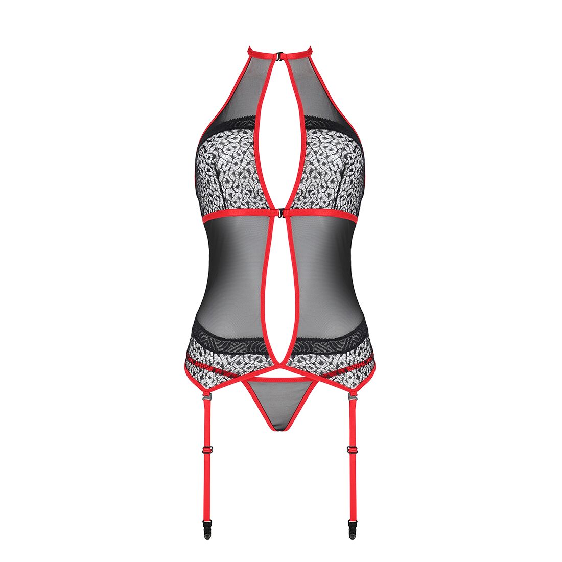 Passion (Польща) Корсет з пажами Passion SATARA CORSET S/M red, стрінги, мереживо, застібки спереду та ззаду