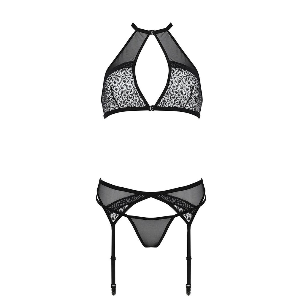 Passion (Польща) Комплект білизни Passion SATARA SET L/XL black, топ, пояс для панчіх, стрінги