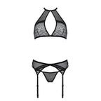 Комплект білизни Passion SATARA SET L/XL black, топ, пояс для панчіх, стрінги