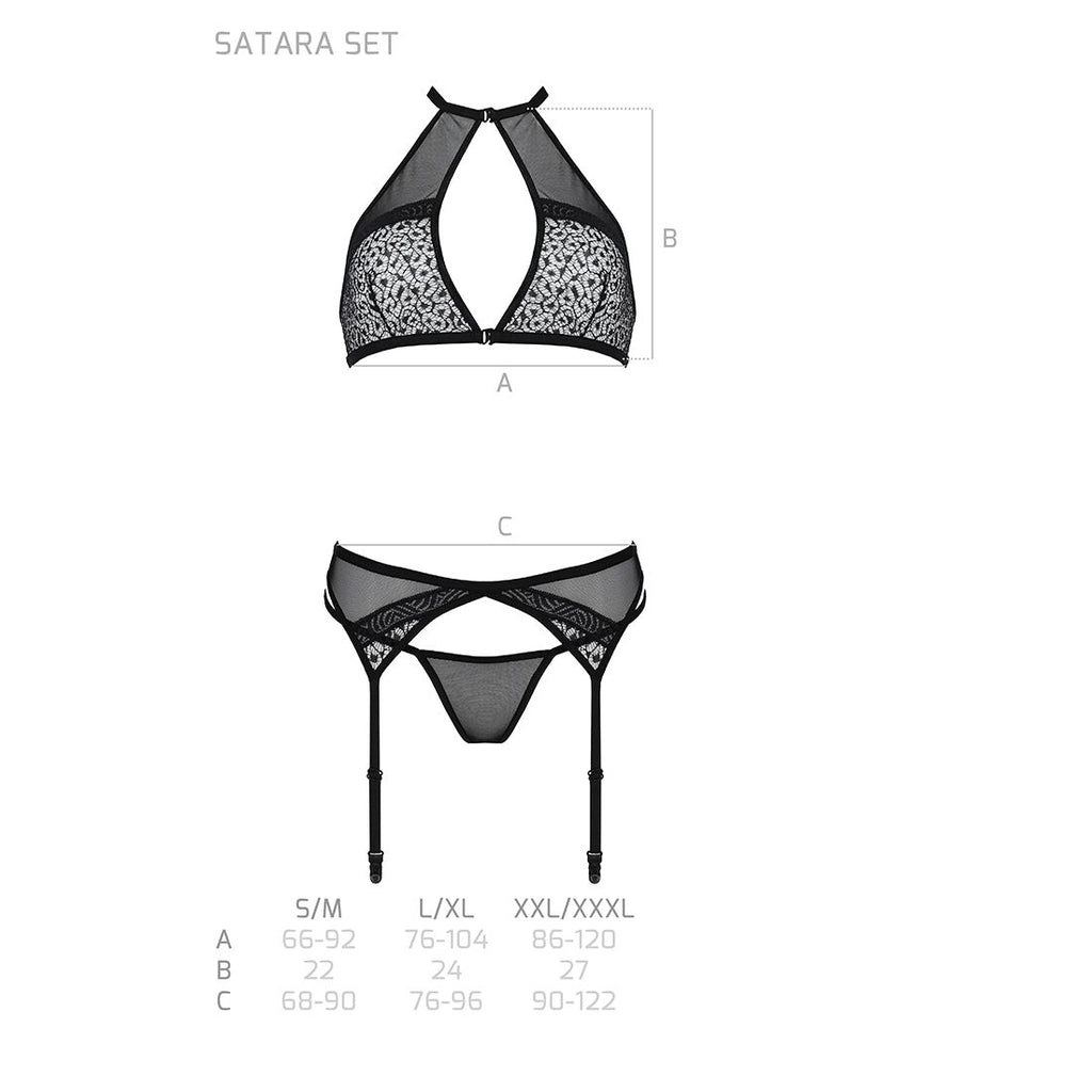 Passion (Польща) Комплект білизни Passion SATARA SET S/M black, топ, пояс для панчіх, стрінги