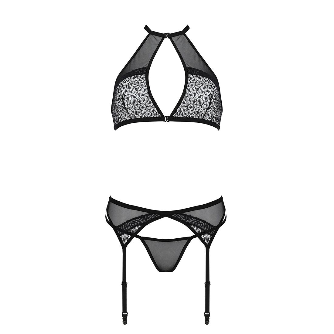 Passion (Польща) Комплект білизни Passion SATARA SET XXL/XXXL black, топ, пояс для панчіх, стрінги