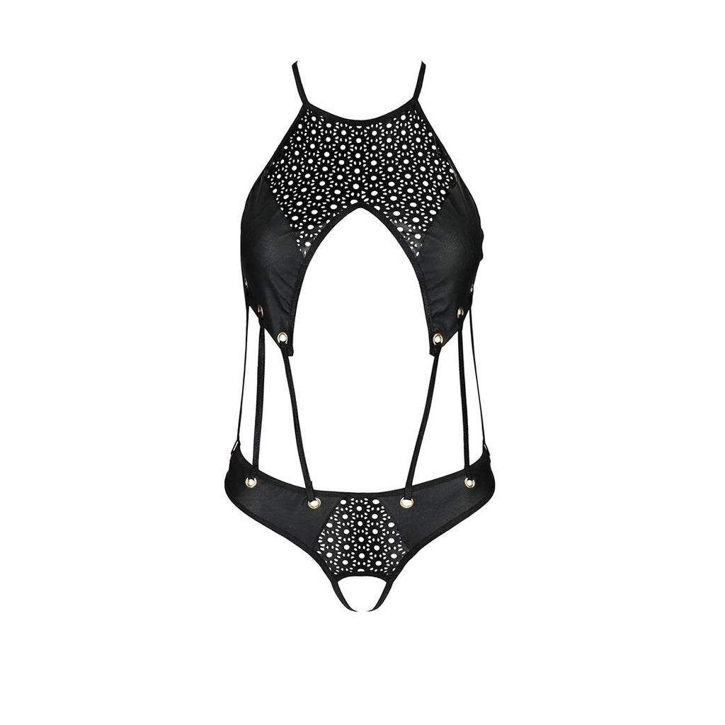 Passion (Польща) Боді з відкритим доступом Passion TASMINA BODY L/XL black, екошкіра, шнурівки, ажурні мережива