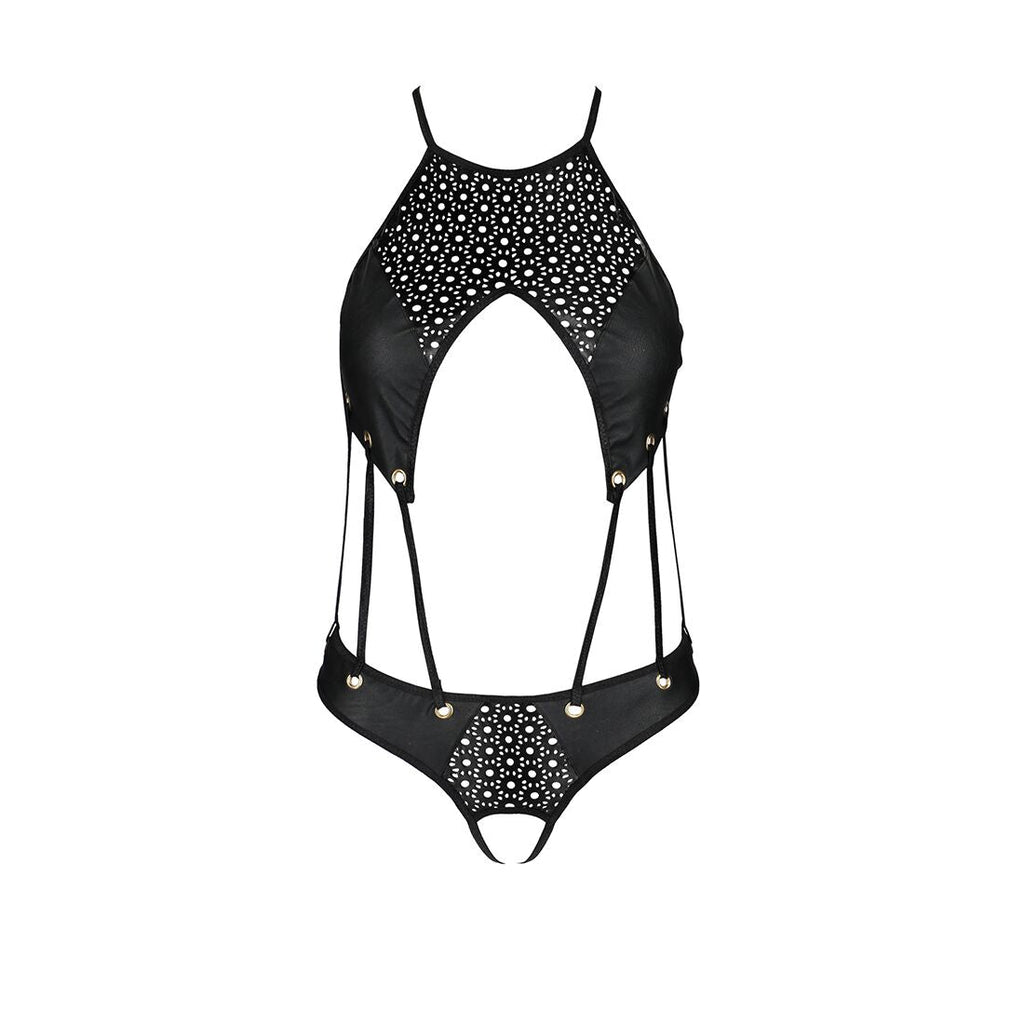 Боді з відкритим доступом Passion TASMINA BODY L/XL black, екошкіра, шнурівки, а