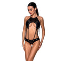 Passion (Польща) Боді з відкритим доступом Passion TASMINA BODY L/XL black, екошкіра, шнурівки, ажурні мережива