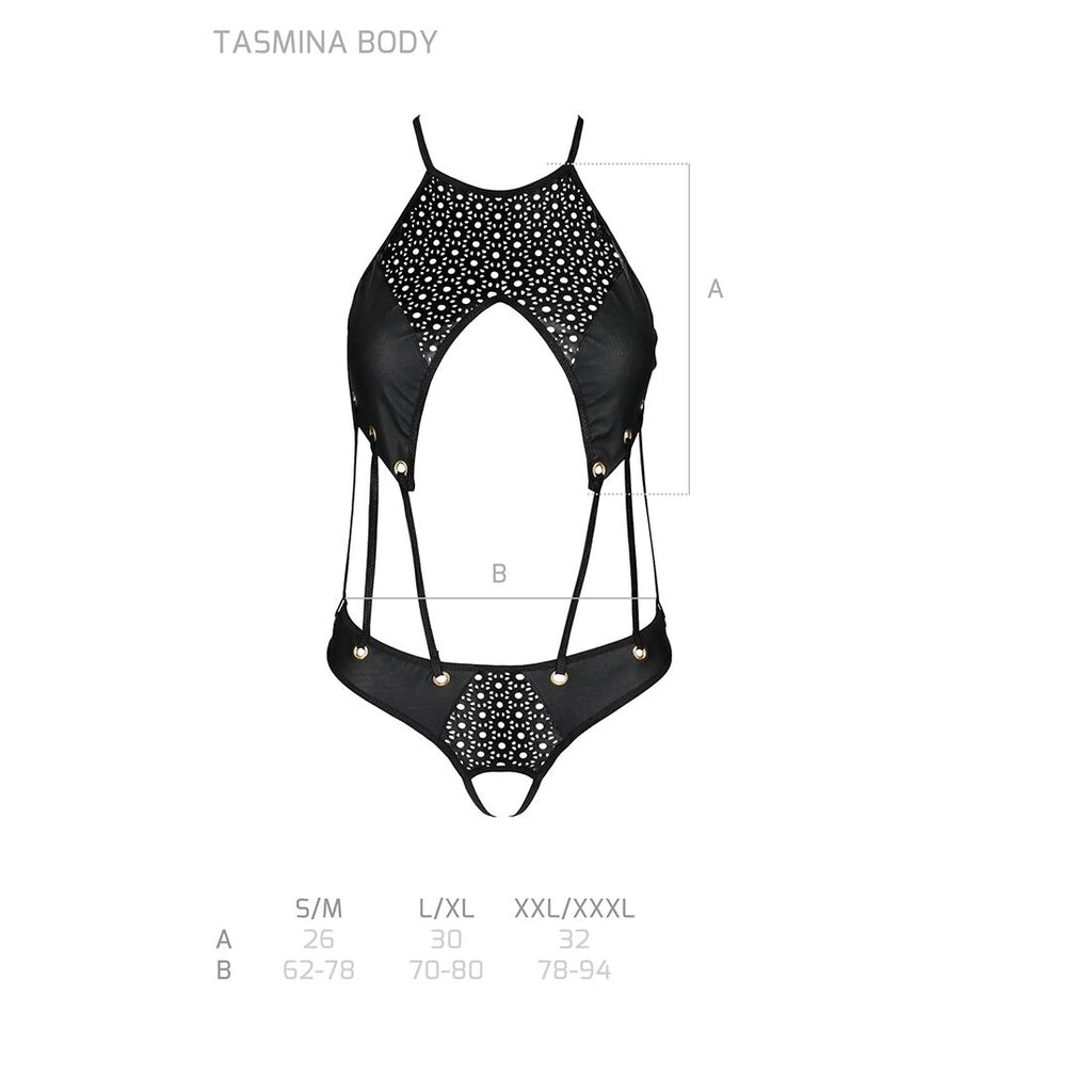 Passion (Польща) Боді з відкритим доступом Passion TASMINA BODY L/XL black, екошкіра, шнурівки, ажурні мережива