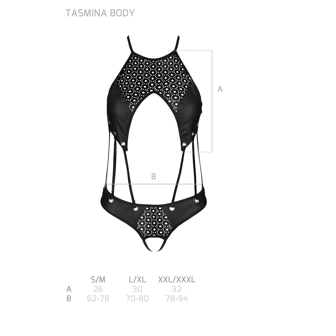 Passion (Польща) Боді з відкритим доступом Passion TASMINA BODY L/XL black, екошкіра, шнурівки, ажурні мережива