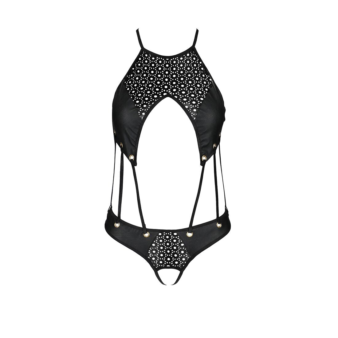 Passion (Польща) Боді з відкритим доступом Passion TASMINA BODY XXL/XXXL, black, екошкіра, шнурівки, ажурні мережива