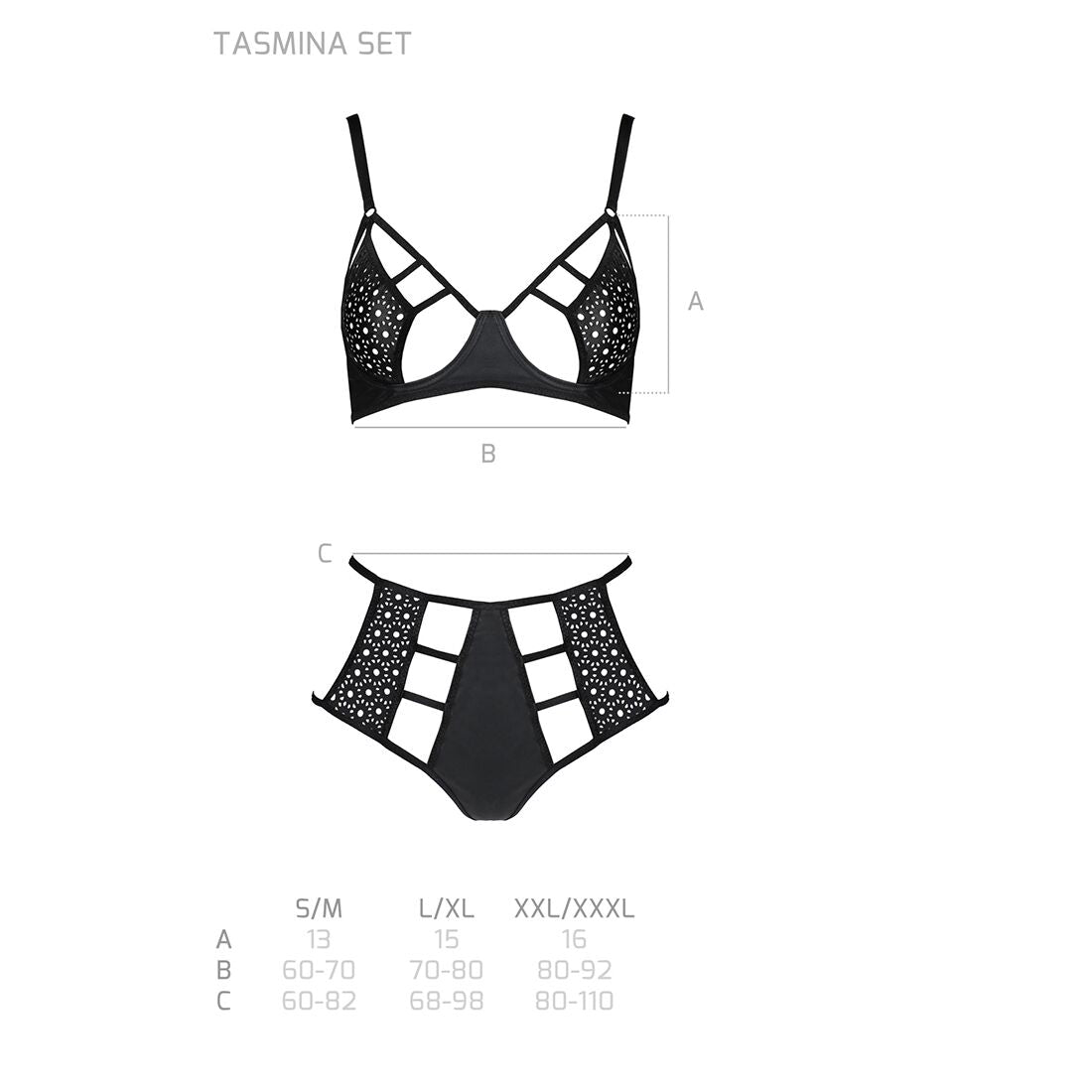 Passion (Польща) Комплект білизни Passion TASMINA SET S/M black, ліф, високі трусики з корсетом ззаду