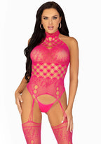 Мереживний бодістокінг з відкритим доступом Leg Avenue High neck lace bodystocking One size Raspberr