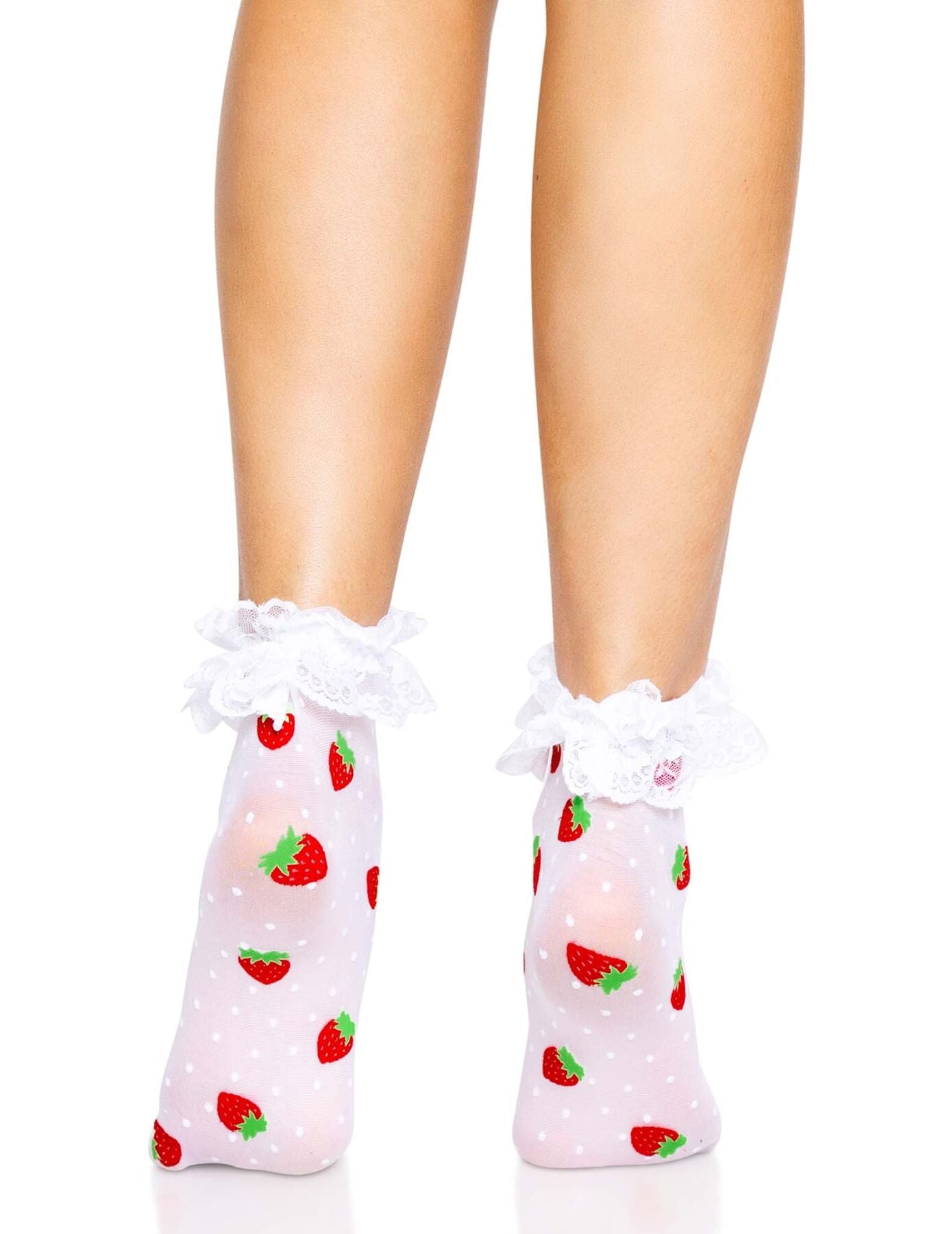 Leg Avenue (США) Шкарпетки жіночі з полуничним принтом Leg Avenue Strawberry ruffle top anklets One size, мереживні м