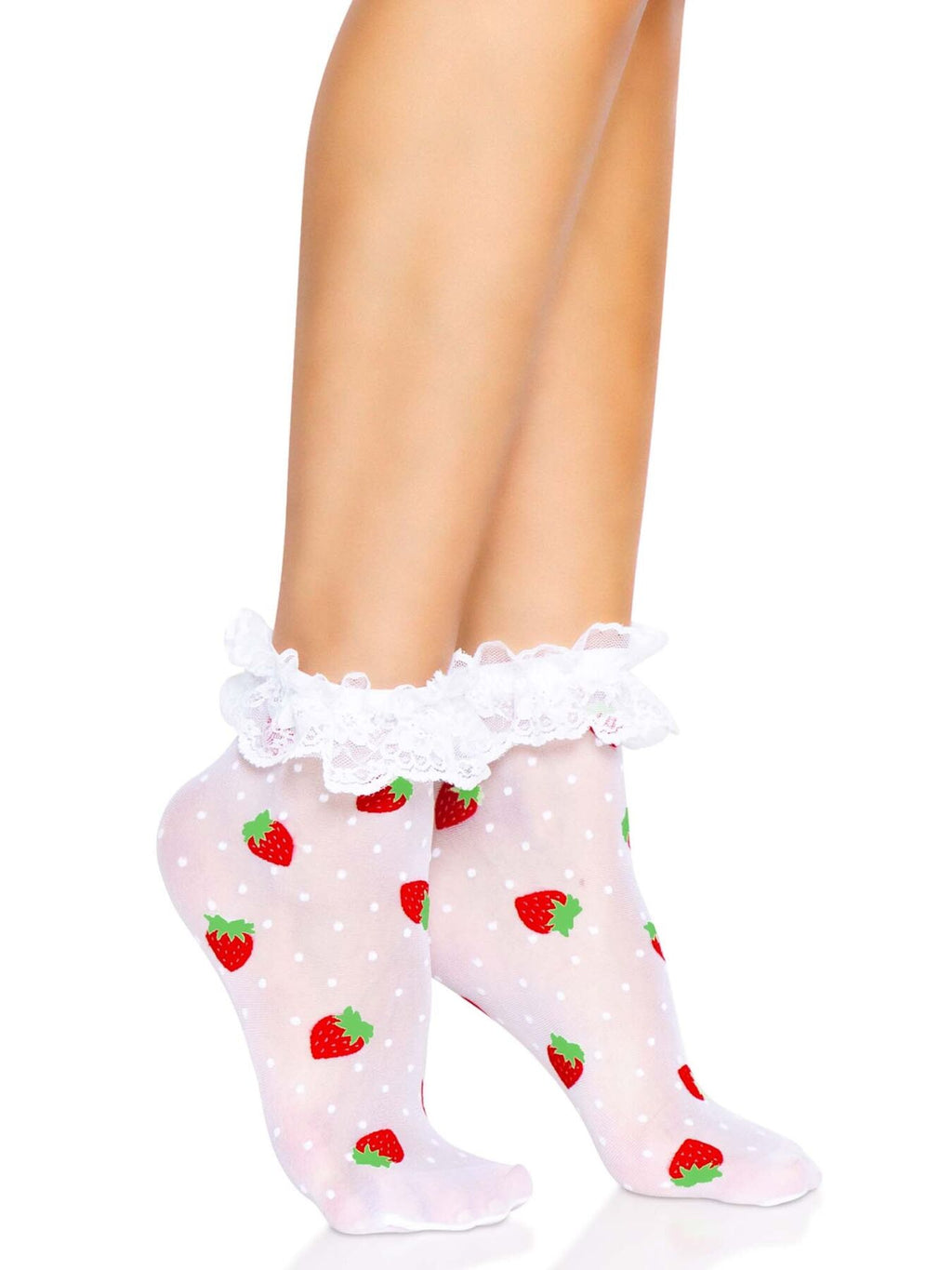 Leg Avenue (США) Шкарпетки жіночі з полуничним принтом Leg Avenue Strawberry ruffle top anklets One size, мереживні м