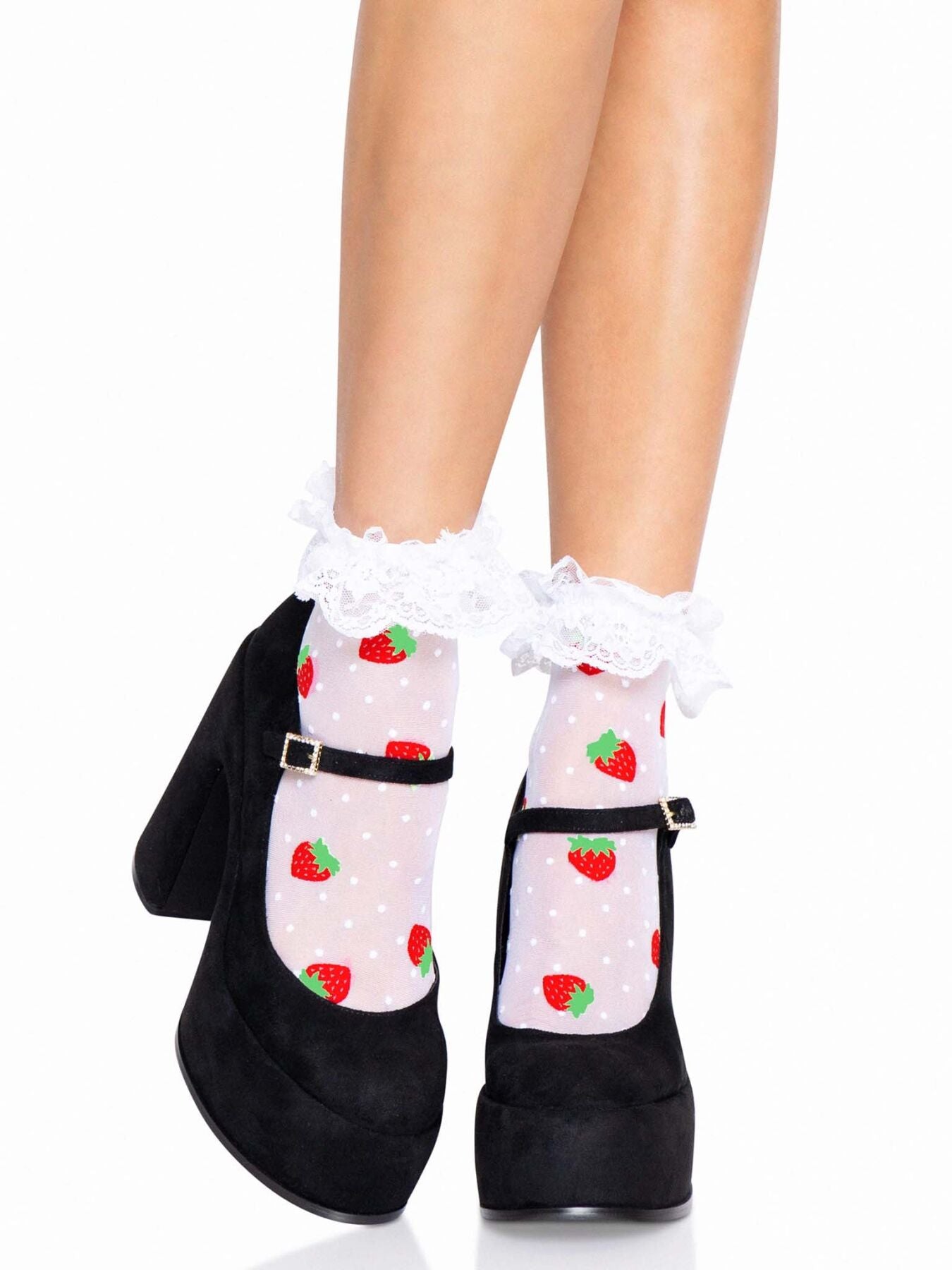 Leg Avenue (США) Шкарпетки жіночі з полуничним принтом Leg Avenue Strawberry ruffle top anklets One size, мереживні м