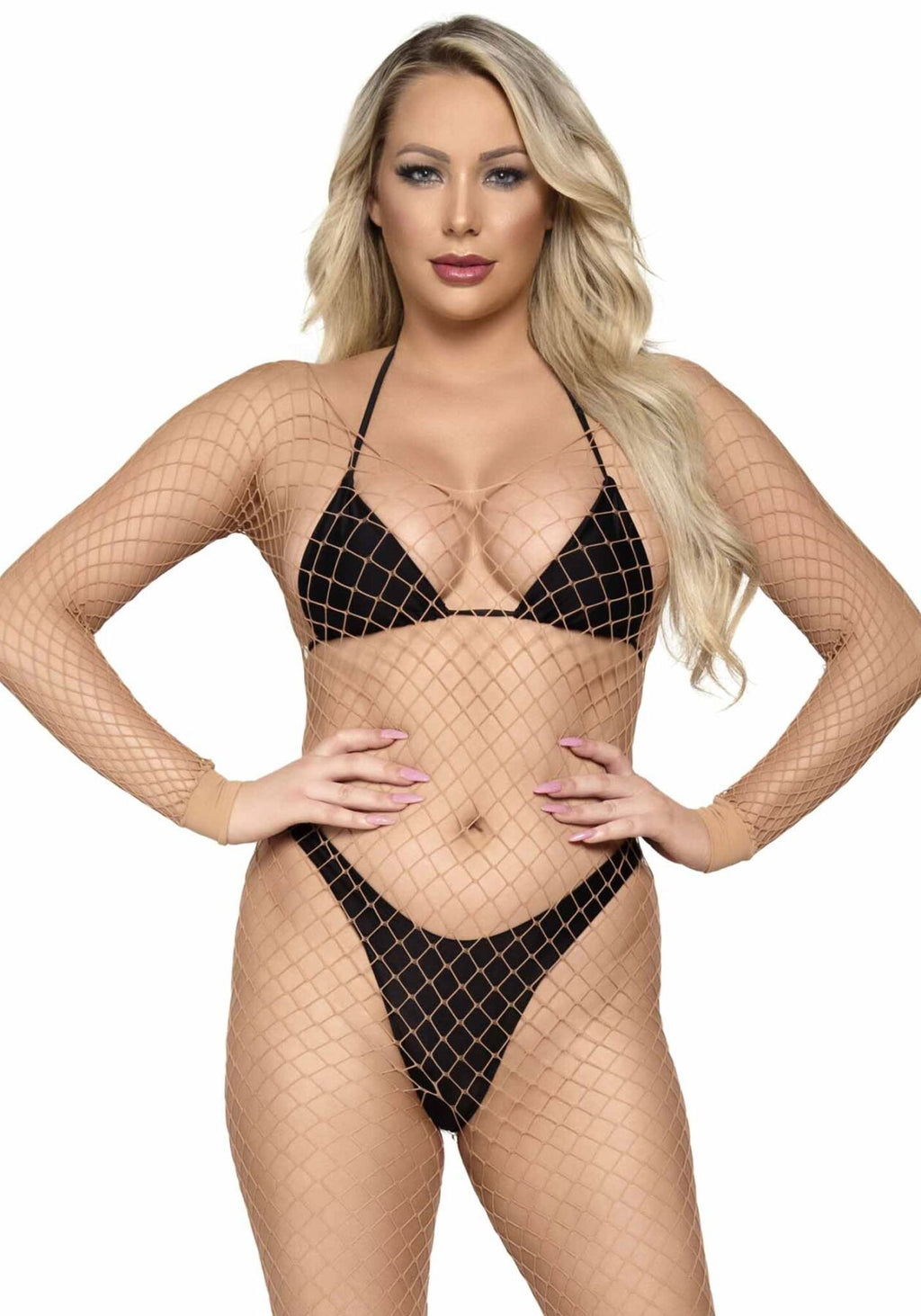Leg Avenue (США) Бодістокінг у велику сітку Leg Avenue Long Sleeved Bodystocking One size Nude, довгий рукав