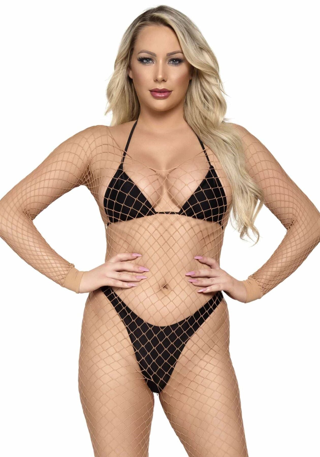Leg Avenue (США) Бодістокінг у велику сітку Leg Avenue Long Sleeved Bodystocking One size Nude, довгий рукав